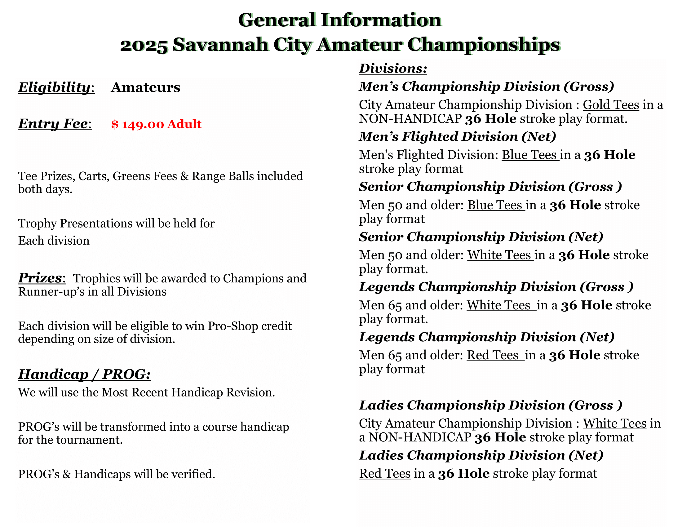 2025 Savannah City Amateur Championships General Information